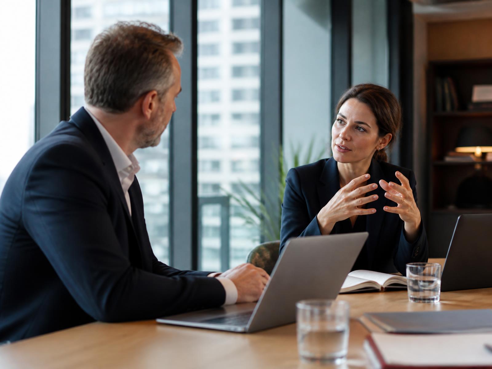 Two business professionals in conversation across a table in a modern office