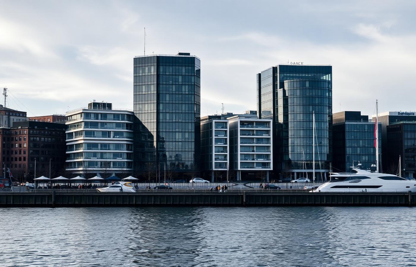 Contemporary office buildings along a Swedish city waterfront